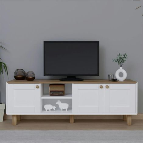 Meuble TV blanc, 3 portes à cadre plateau effet chêne VAREN
