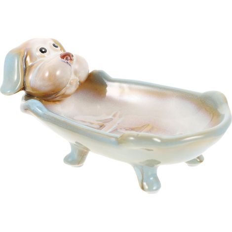 Porte-savon en céramique INOOMP avec motif chien , bac d'égouttage pour salle de bain et lavabo , pe (1/5)