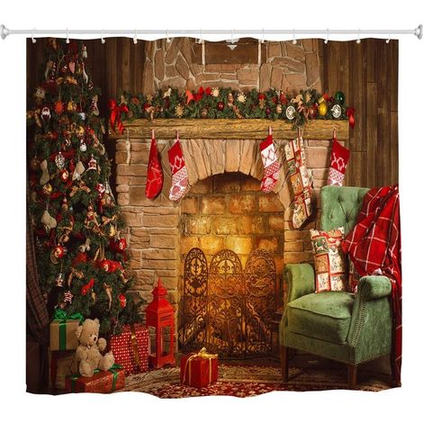 Weihnachtlicher Duschvorhang mit Weihnachtsbaum-, Kamin- und Backsteinmuster, wasserdicht, für Badezimmer, 150 x 200 cm, farbenfroh