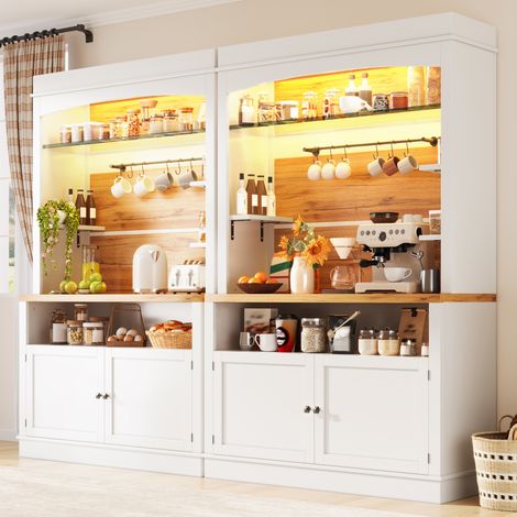 Buffet alto lote de 2 con LED, 184 cm, estante de vidrio y barra de ganchos, blanco DESVIAE (1/5)