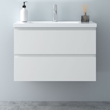 790MM White MDF material High Gloss Vanity UnitгмWall Mountedгм2 Double-DrawerгмDetachableгмSoft closed + White Ceramic Basin