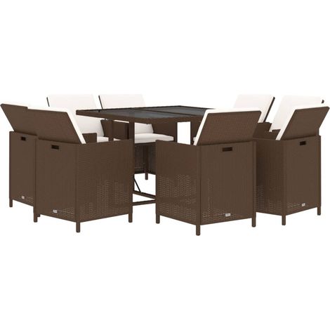 9 Piece Garden Dining Set with Cushions Poly Rattan Brown vidaXL (1/2)
