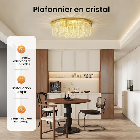 Plafonnier en Cristal de 60 cm, Lustre Doré, lustre chambre, Lampe Ronde LED, Plafond Transparent, E14 (1/5)