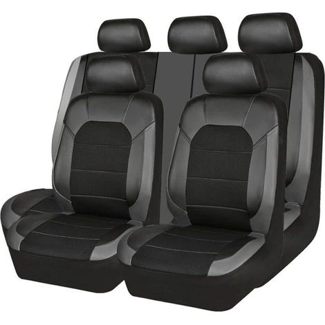 Lot de 9 Housses Siège Voiture Cuir 5 Places Peugeot 206 307SW 308 407 408 508SW 208 2008 3008 4008 – Confortable Respirant Antidérapant Noir Gris (1/4)