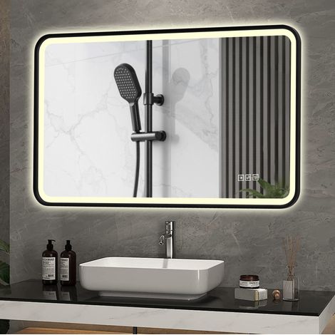 Specchio LED 90x70 cm in vetro, telaio in alluminio nero, antiappannamento, bagno – MEUBLIV (1/5)