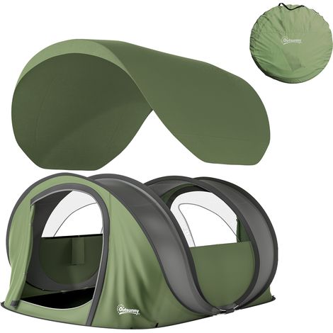 Tente de Camping Pop-Up 4-5 Personnes, 2 Portes, 2 Fenêtres, Imperméable, Vert