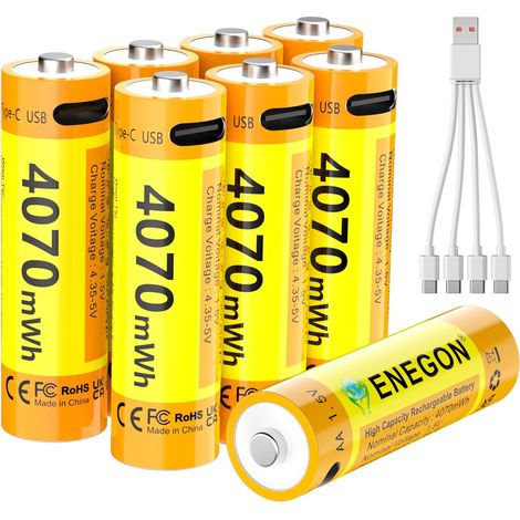 Set de 8 Piles AA Lithium Rechargeables USB-C 4070 mWh 1,5V Tension Constante avec Câble de Recharge 1 vers 4 Puissance Élevée pour Manettes de Jeu, Serrures Intelligentes,Claviers et Souris (1/5)