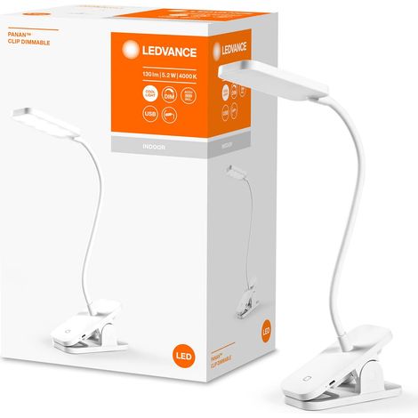 LEDVANCE PANAN Clip lampada da scrivania e lettura portatile, bianca, 5,2W, 130lm, a batteria con USB, clip e testa flessibile, LED con luce bianca fredda (4000K), sensore touch per on/off e DIM (1/5)