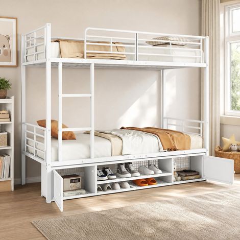 DESMIU Lit Superposé 2 Places avec Échelle, Étagère à Chaussures et 2 Portes 90 × 200 cm, sans Matelas, Blanc (1/5)