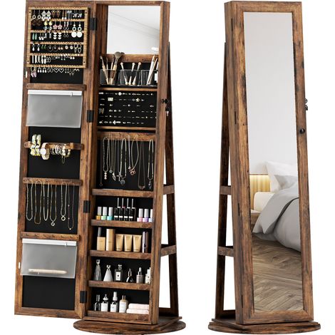 Miroir sur Pied Tournant 360° avec Coffre à Bijoux, Étagères et Fermeture à Clé, 55x55x161 cm, Brun Rustique (1/5)
