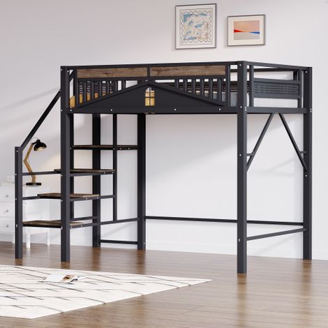 Lit mezzanine 140x200 cm, lit en métal avec échelle de sécurité et nombreux rangements sous le lit, noir, sans matelas (1/5)