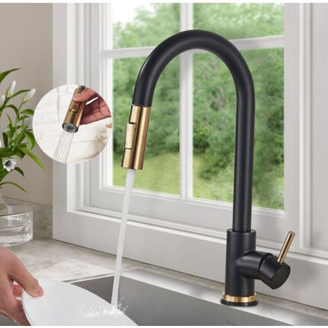 Onyzpily Rubinetto Cucina Girevole,Nero Rubinetti per Lavello Monocomando in Acciaio Inox con Maniglia Singola e Fredda per Lavello Cucina Rubinetto Alto Lavabo(Nero,Oro Spazzolato) (1/5)