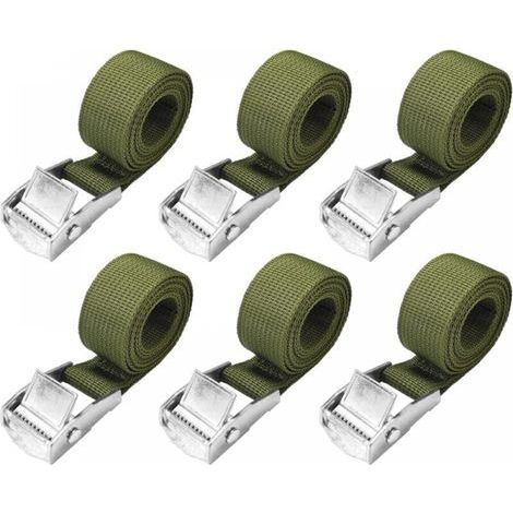 Sangles d'arrimage de 1 m - Lot de 6 sangles à cliquet courtes, vert armée, avec boucle serrée 25 mm, sangles de vélo de 250 kg, sangles de moto extrêmement solides (1/5)