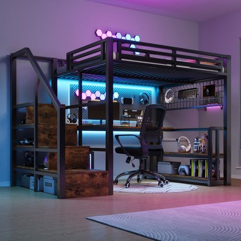 Lit mezzanine 140x200 cm fer noir, étagères+penderie+LED+bureau, escalier rangé, 2 USB+1 Type-C (sans Matelas) (1/5)
