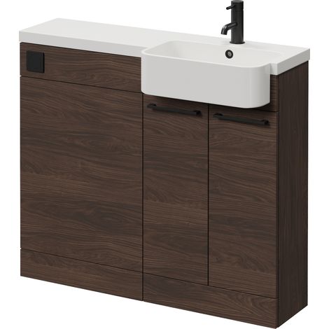 Napoli 250 Brown Oak 1000mm 2 Door Vanity Unit Toilet Suite with Right Hand Round Rico Semi Recessed Basin - 1000mm - Matt Black 160mm HandleWithout Kingston Toilet Pan