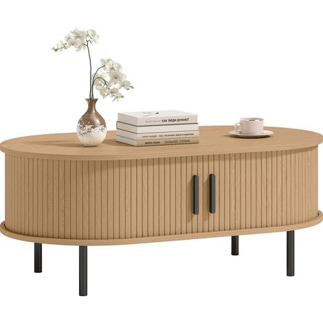Table basse ovale en bois table de salon moderne avec portes coulissantes et rangement caché naturel (1/5)