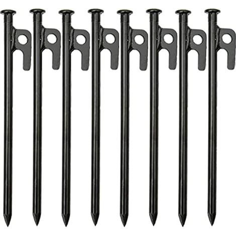 8 Piquets de tente robustes, 20 cm en acier forgé haute résistance, avec crochet et trou, pour camping, randonnée, jardinage, terrains durs et rocailleux.