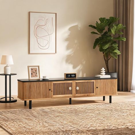Meuble TV 190 cm bois chêne portes coulissantes et grillagées oak (1/5)