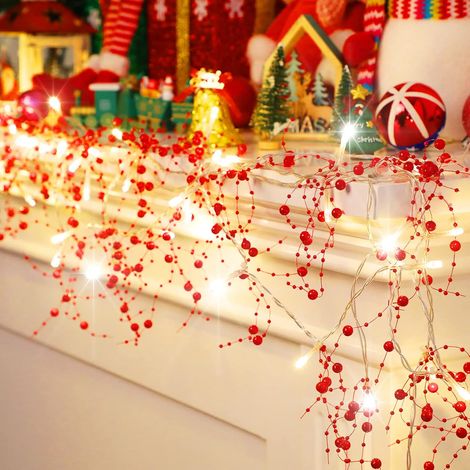 8ft Christmas Berry Bead Garland, Christmas Mantle Decoration, Acrylic Beads, Warm LED Lights, Battery Operated Indoor String Lights for Home Party Decor