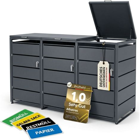 Albatros Mülltonnenbox 3er Tonne  bis 240 Liter  Anthrazitgrau RAL 7016  verzinkter Stahl  Premium Dämpfer Aufkleber-Set  wetterfest verstellbare Füße Türgriff mit Schloss  Gartenbox  entwickelt in De (1/5)