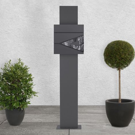 ECD Germany Boîte aux Lettres sur Pied, Anthracite/Aspect Marbre Noir, 37x37x11 cm, en Acier Thermolaqué, Mailbox avec Compartiment à Journaux, 2 Clés, Support Haut 170 cm, Materiel de Montage Inclus