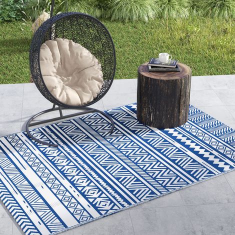 Tapis Réversible Style Moderne Terrasse Balcon Plage Foncé Aménagement Extérieur Bleu Blanc 182x274cm