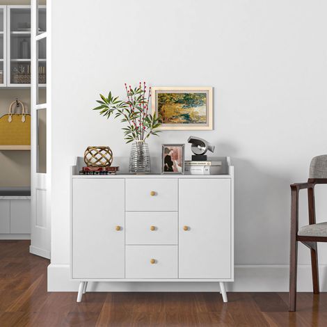 Meuble de séjour contemporain blanc 90x32x80 cm, 3 tiroirs et 2 placards à deux étages, étagère de rangement (1/5)