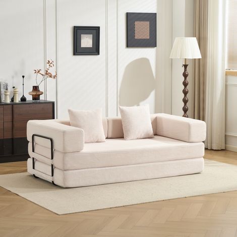 Futon convertible sol velours côtelé blanc transformable en lit d’appoint, accoudoirs et oreillers de soutien inclus, canapé lounge confortable pour salon et chambre (1/5)