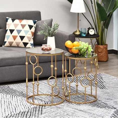 Juego de 2 mesas auxiliares nido con tablero de cristal, Ø41 x 57 cm, dorado HAVRYA (1/5)