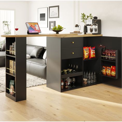 Mueble bar giratorio 138x39x104 cm negro en MDF con 4 cajones y estantes abiertos (1/5)