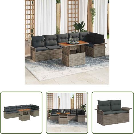 Gartentisch -  Gartensofa-set mit Kissen 7 pcs Grau Poly-Rattan (1/5)
