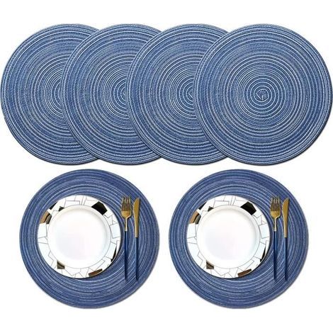 (Blaues) Platzset – Nicht spezifiziert – 6er-Set – Rund – 38 cm – Rutschfest – Waschbar
