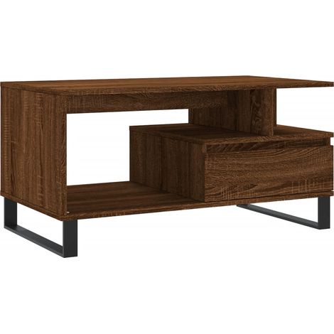 Mesa de centro con cajón, diseño moderno y contemporáneo, 90 x 49 x 45 cm, madera de ingeniería marrón y metal DEC038783