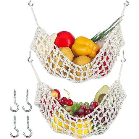 NA/2 Stück Makramee-Obsthängematte, kompatibel mit hängenden Obstkörben für die Küche unter Schränken, handgewebte dekorative Obstnetztaschen (1/5)
