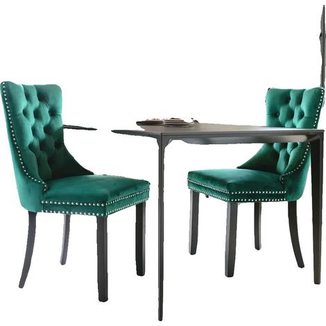 Chaise de salle à manger, Tissu en velours, Pieds en bois massif, CQY-vert (1/2)