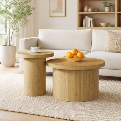 Table basse double ronde 66x40 cm naturel, modulable, avec piètement à lattes en MDF MEUBLIV (1/5)