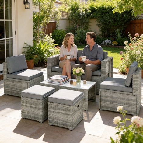 Ensemble extérieur 6 Gris pièces canapé 2 fauteuils table basse plateau verre poufs foncé