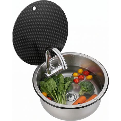 Évier de cuisine avec couvercle, 34x15 cm, en acier inoxydable 304 avec robinet pivotant à 360° pliable et couvercle en verre trempé pour caravane, camping-car (1/5)