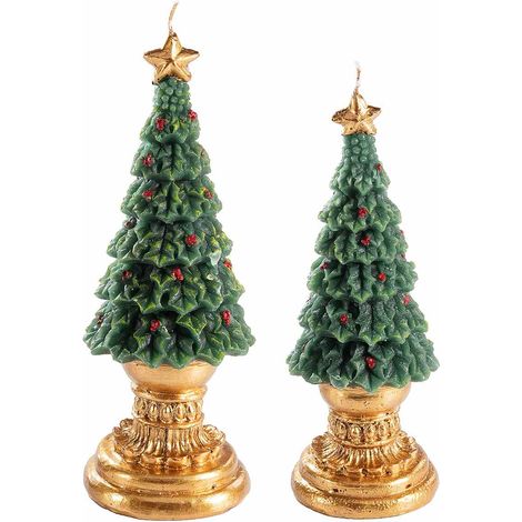 Candele ad albero di Natale decorato con addobbi e stella su elegante base dorata, Grande: Ø 8,5 cm x 21 H