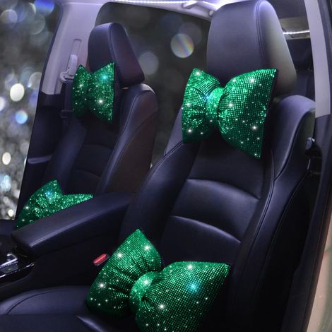 Coussin appuie-tête de voiture scintillant, strass, nœuds, coussin cervical, oreiller, incrusté de diamants pour femme, ensemble vert 2 pièces. (1/5)