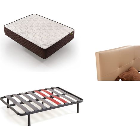 Pack Colchón + Cabecero Tapizado + Somier Descansin 90x180 Beis Ideal para Personas con Dolores de Espalda Facil montaje Silencioso