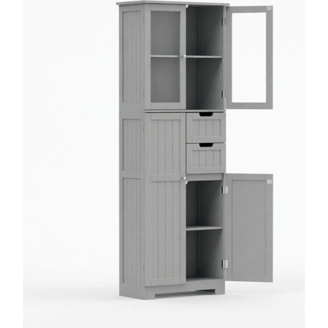 Mobile da bagno alto, mobile contenitore da bagno autoportante con 4 ante, 2 ante in vetro e 2 cassetti, ripiani regolabili in altezza. (1/5)