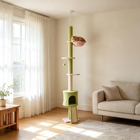 Arbre à chat du sol au plafond à 5 niveaux, hauteur réglable de 220 à 240 cm, plateformes en forme de fleur, griffoir, sans hamac, vert (uniquement avec paroi pour chat) (1/5)