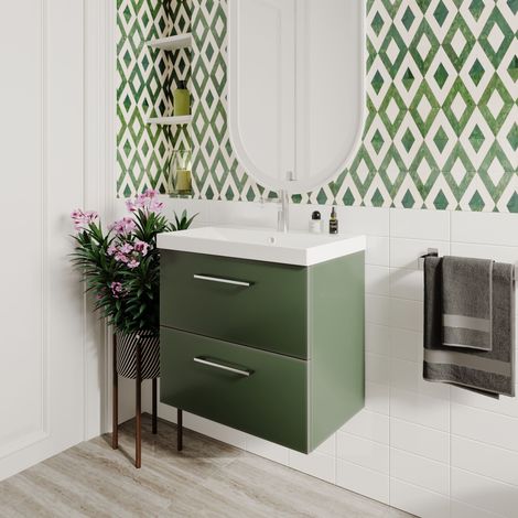 Nuie Arno Satin Green 600mm Wall Hung 2 Drawer Vanity Unit and Thin Edge Ceramic Basin - ARN824D (1/5)