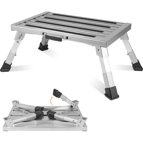 Marche Pied Pliable Plate Forme en Aluminium, Réglage de la Hauteur sur 4 Niveaux, avec Poignée et Tapis Antidérapant, Capacité 300 kg, Marchepieds pour Camping-Car, Cuisine, Salle de Bain (1/5)