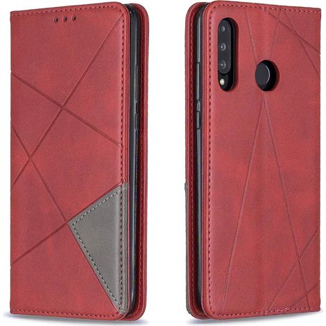Coque pour Huawei P30 Lite, Housse Portefeuille en Cuir Etui de Protection avec Slim TPU Silicone Bumper Antichoc Magnétique Flip Case, Porte Cartes avec Fonction Support Cover (Rouge) (1/5)