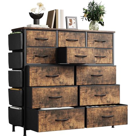 Commode Haute pour Chambre, Commode à 12 Tiroirs en Tissu, Cadre en Acier, Style Industriel, Meuble De Rangement pour Chambre, Couloir, Entrée, Salon 99x30x110cm Brun (1/5)