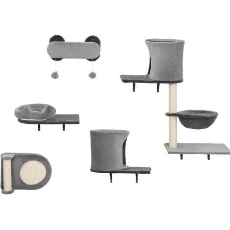 Étagère murale pour chat, arbre à chat mural, 5 pièces, 2 niches, plateforme pour hamac, griffoir en sisal, gris (1/5)