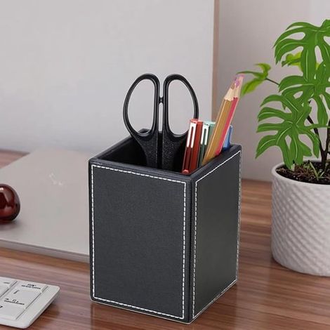 Portalápices de escritorio - Piel sintética de color liso - Caja organizadora de escritorio creativa (1/5)