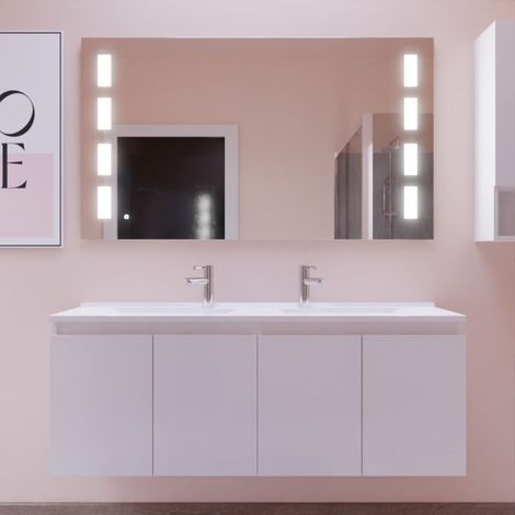 Cuisibane – Meuble double vasque suspendu 140 cm – Plan en résine avec trop plein – Miroir LED intégré Prestige – Installation suspendue ou sur pieds